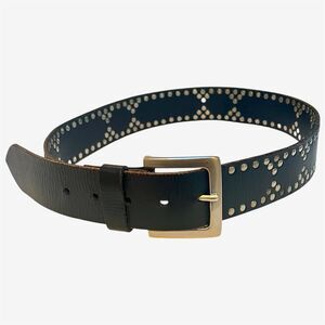 Black Leather Studded Western Boho Moto belt brass buckle 37 ins long